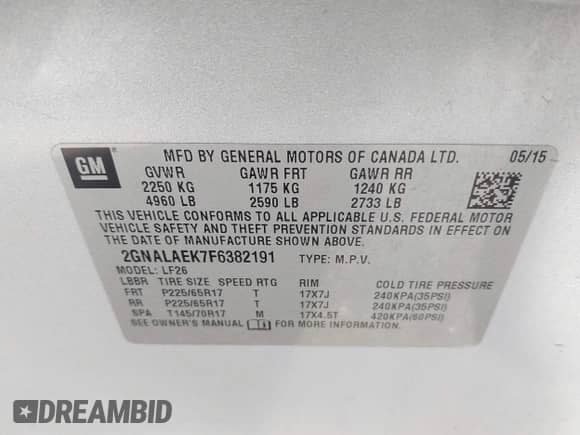 2015 Chevrolet Equinox LS z VIN 2GNALAEK7F6382191, wystawiony jako IAAI lot #43115315 z przebiegiem 89 885 mil mil oraz . Historia ofert i sprzedaży dostępna na DreamBid. Obrazek 9.