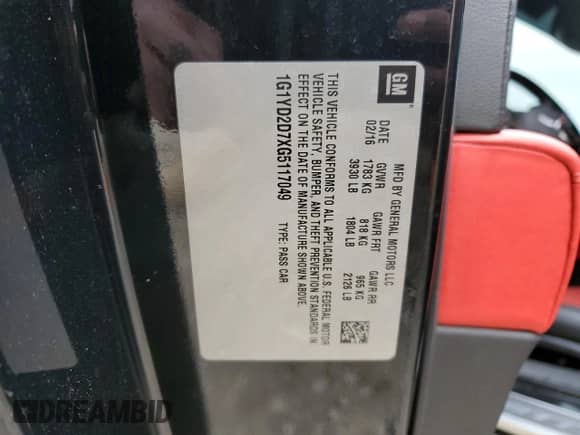 2016 Chevrolet Corvette 2LT with VIN 1G1YD2D7XG5117049, listed as a Copart auction lot 69628113 with 57,313 mi miles and . Bid and sale history available at DreamBid. Image 12.