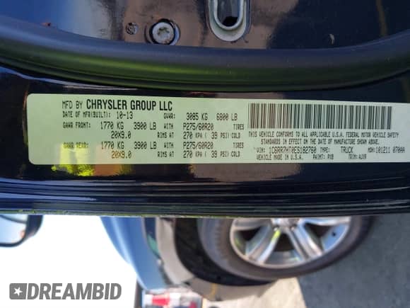 2014 Ram 1500 Sport with VIN 1C6RR7HT0ES182760, listed as a IAAI auction lot 41904213 with 202,466 mi miles and . Bid and sale history available at DreamBid. Image 9.