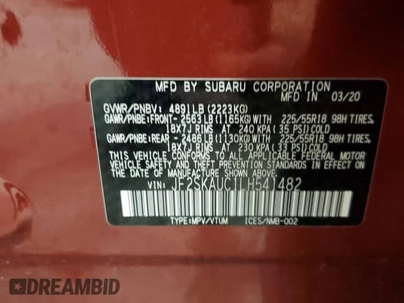 2020 Subaru Forester Limited z VIN JF2SKAUC1LH541482, wystawiony jako Copart lot #67248595 z przebiegiem 44 262 mil mil oraz Szkoda całkowita • Salvage title. Historia ofert i sprzedaży dostępna na DreamBid. Obrazek 13.