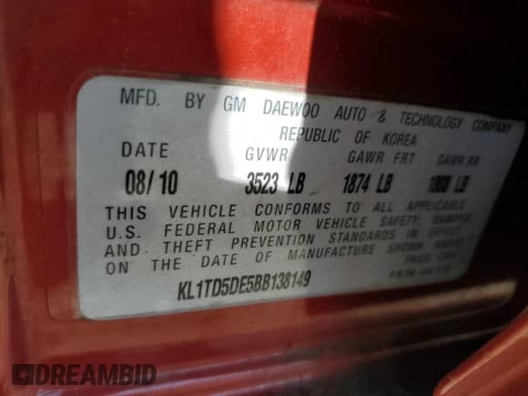 2011 Chevrolet Aveo 1LT z VIN KL1TD5DE5BB138149, wystawiony jako Copart lot #77862674 z przebiegiem 51 344 mil mil oraz Czysty tytuł • Clean title. Historia ofert i sprzedaży dostępna na DreamBid. Obrazek 12.