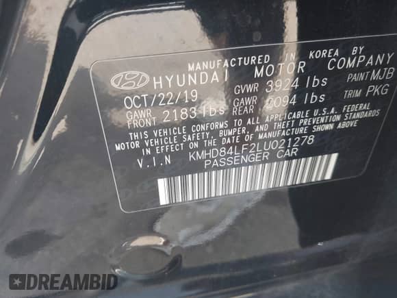 2020 Hyundai Elantra SEL with VIN KMHD84LF2LU021278, listed as a IAAI auction lot 43151528 with 29,186 mi miles and . Bid and sale history available at DreamBid. Image 9.