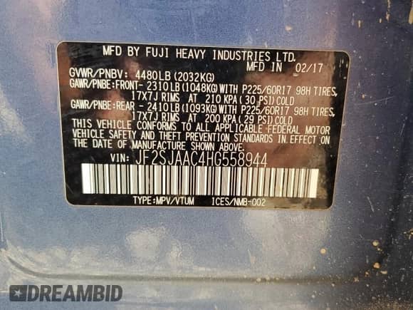 2017 Subaru Forester z VIN JF2SJAAC4HG558944, wystawiony jako Copart lot #59682145 z przebiegiem 106 669 mil mil oraz Szkoda całkowita • Salvage title. Historia ofert i sprzedaży dostępna na DreamBid. Obrazek 13.