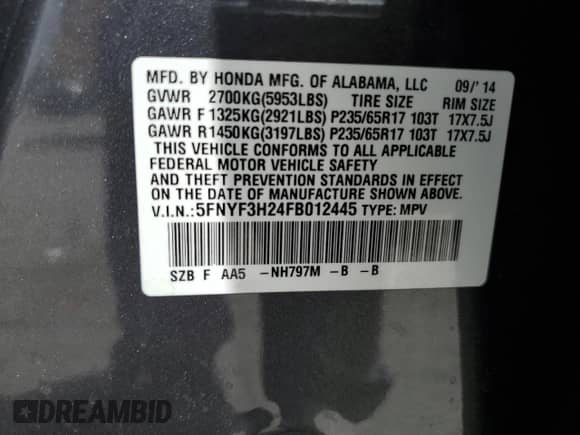 2015 Honda Pilot LX с VIN 5FNYF3H24FB012445, выставлен на аукционе Copart как лот 63693225 с пробегом 130 988 миль миль и Списание • Salvage title. История ставок и продаж доступна на DreamBid. Изображение 13.