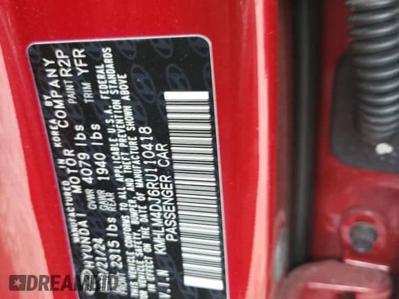 2024 Hyundai Elantra Blue z VIN KMHLM4DJ6RU110418, wystawiony jako Copart lot #71666095 z przebiegiem 9 588 mil mil oraz Szkoda całkowita • Salvage title. Historia ofert i sprzedaży dostępna na DreamBid. Obrazek 13.