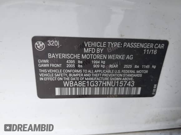 2017 BMW 3 Series 320i with VIN WBA8E1G37HNU15743, listed as a IAAI auction lot 43068619 with 168,189 mi miles and . Bid and sale history available at DreamBid. Image 9.