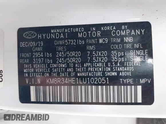 2020 Hyundai Palisade SEL z VIN KM8R34HE1LU102051, wystawiony jako IAAI lot #43028738 z przebiegiem 98 342 mil mil oraz . Historia ofert i sprzedaży dostępna na DreamBid. Obrazek 9.