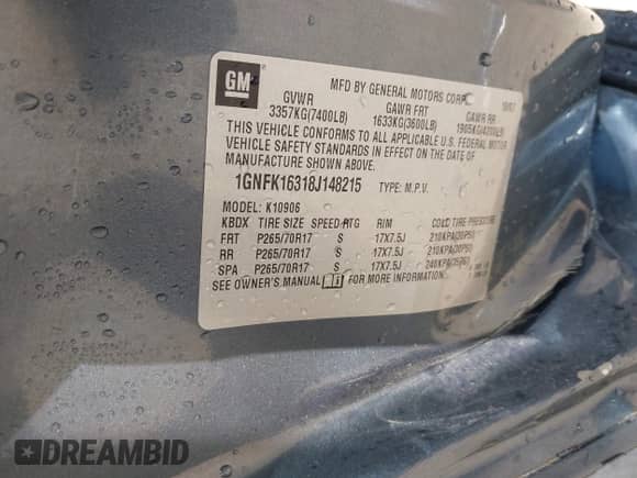 2008 Chevrolet Suburban LTZ with VIN 1GNFK16318J148215, listed as a IAAI auction lot 42486861 with 214,362 mi miles and . Bid and sale history available at DreamBid. Image 9.