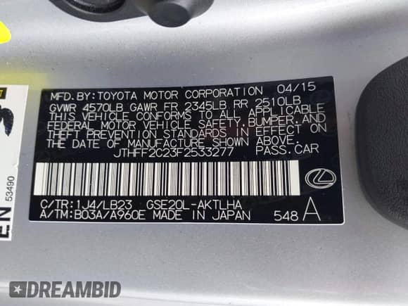 2015 Lexus IS 250 C with VIN JTHFF2C23F2533277, listed as a IAAI auction lot 42555074 with Not provided miles and . Bid and sale history available at DreamBid. Image 9.