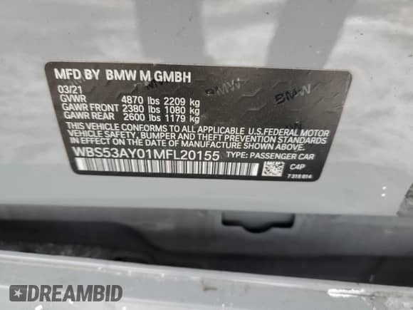 2021 BMW M3 с VIN WBS53AY01MFL20155, выставлен на аукционе Copart как лот 88773105 с пробегом 48 612 миль миль и Списание • Salvage title. История ставок и продаж доступна на DreamBid. Изображение 15.