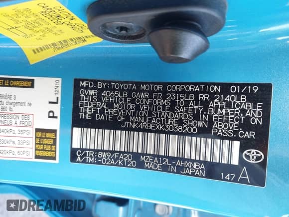 2019 Toyota Corolla SE with VIN JTNK4RBEXK3038200, listed as a IAAI auction lot 43325159 with 59,774 mi miles and . Bid and sale history available at DreamBid. Image 9.