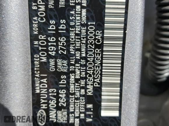 2013 Hyundai Genesis 3.8L с VIN KMHGC4DD4DU230001, выставлен на аукционе Copart как лот 87024725 с пробегом 149 913 миль миль и Списание • Salvage title. История ставок и продаж доступна на DreamBid. Изображение 12.