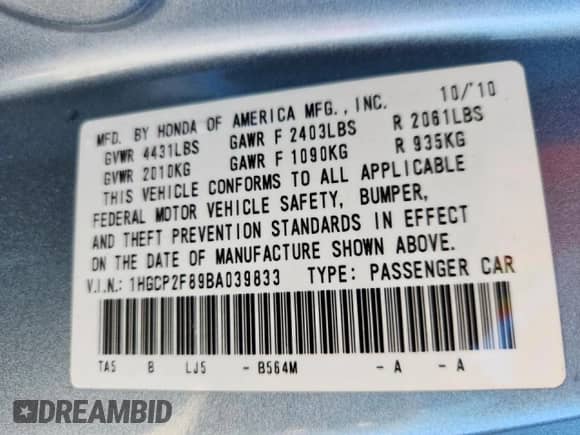 2011 Honda Accord EX-L z VIN 1HGCP2F89BA039833, wystawiony jako Copart lot #85136265 z przebiegiem Nie podano mil oraz Szkoda całkowita • Salvage title. Historia ofert i sprzedaży dostępna na DreamBid. Obrazek 12.