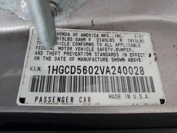 1997 Honda Accord Special Edition with VIN 1HGCD5602VA240028, listed as a Copart auction lot 82034045 with 207,053 mi miles and Salvage title. Bid and sale history available at DreamBid. Image 12.