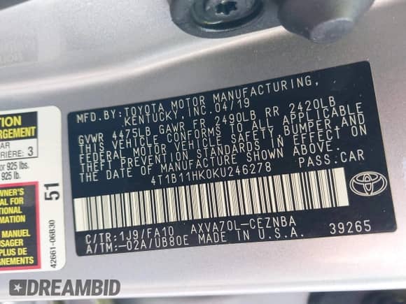 2019 Toyota Camry SE z VIN 4T1B11HK0KU246278, wystawiony jako IAAI lot #43174339 z przebiegiem 106 145 mil mil oraz . Historia ofert i sprzedaży dostępna na DreamBid. Obrazek 9.