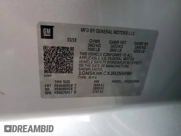 2018 Chevrolet Suburban LT with VIN 1GNSKHKCXJR255090, listed as a Copart auction lot 68005155 with 188,930 mi miles and Salvage title. Bid and sale history available at DreamBid. Image 13.