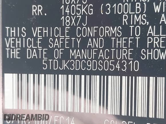 2013 Toyota Sienna LE z VIN 5TDJK3DC9DS054310, wystawiony jako IAAI lot #42668103 z przebiegiem 209 712 mil mil oraz . Historia ofert i sprzedaży dostępna na DreamBid. Obrazek 9.