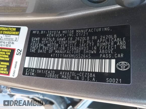 2021 Toyota Camry SE z VIN 4T1T11AK6MU552645, wystawiony jako IAAI lot #43331358 z przebiegiem 33 970 mil mil oraz . Historia ofert i sprzedaży dostępna na DreamBid. Obrazek 9.