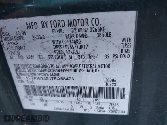 2007 Ford F-150 XLT с VIN 1FTPW14517FA58473, выставлен на аукционе IAAI как лот 43508243 с пробегом 177 530 миль миль и . История ставок и продаж доступна на DreamBid. Изображение 9.