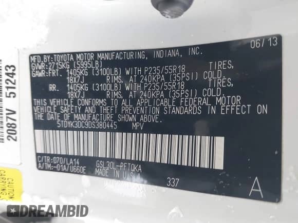 2013 Toyota Sienna XLE AAS с VIN 5TDYK3DC9DS380445, выставлен на аукционе IAAI как лот 41308312 с пробегом 174 325 миль миль и . История ставок и продаж доступна на DreamBid. Изображение 9.