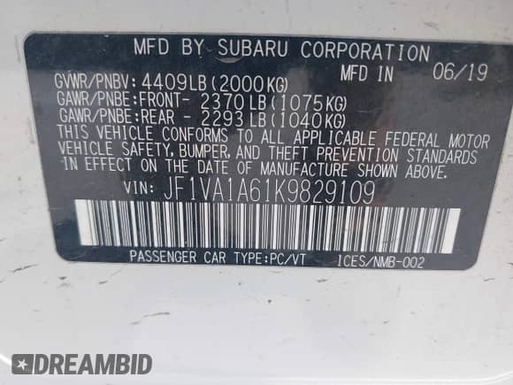 2019 Subaru WRX with VIN JF1VA1A61K9829109, listed as a IAAI auction lot 42734935 with 82,886 mi miles and . Bid and sale history available at DreamBid. Image 9.