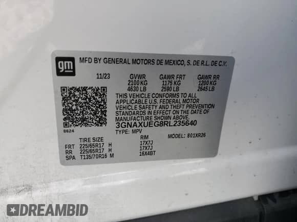 2024 Chevrolet Equinox LT with VIN 3GNAXUEG8RL235640, listed as a Copart auction lot 87060075 with 57,261 mi miles and Clean title. Bid and sale history available at DreamBid. Image 13.