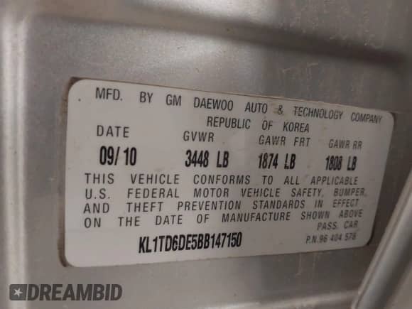 2011 Chevrolet Aveo 1LT with VIN KL1TD6DE5BB147150, listed as a IAAI auction lot 41891729 with 211,450 mi miles and . Bid and sale history available at DreamBid. Image 9.