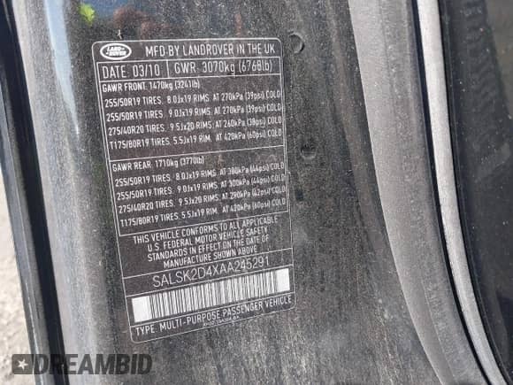 2010 Land Rover Range Rover Sport HSE Lux z VIN SALSK2D4XAA245291, wystawiony jako IAAI lot #43211833 z przebiegiem 190 769 mil mil oraz . Historia ofert i sprzedaży dostępna na DreamBid. Obrazek 9.