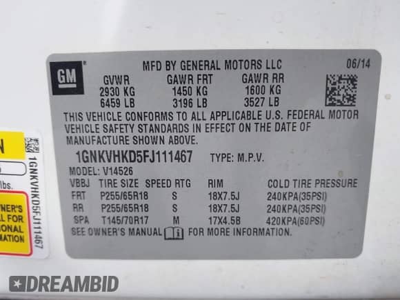 2015 Chevrolet Traverse LT with VIN 1GNKVHKD5FJ111467, listed as a IAAI auction lot 43441632 with 138,735 mi miles and . Bid and sale history available at DreamBid. Image 9.