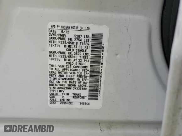 2012 Nissan Murano SL with VIN JN8AZ1MW1CW235480, listed as a Copart auction lot 82425415 with 55,229 mi miles and Clean title. Bid and sale history available at DreamBid. Image 14.