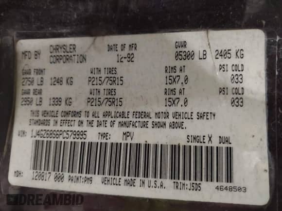 1993 Jeep Grand Cherokee with VIN 1J4GZ68S6PC579995, listed as a IAAI auction lot 43282637 with 172,681 mi miles and . Bid and sale history available at DreamBid. Image 9.
