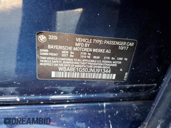 2018 BMW 3 Series 320i with VIN WBA8E1G50JNU91344, listed as a Copart auction lot 90307145 with Not provided miles and Clean title. Bid and sale history available at DreamBid. Image 12.