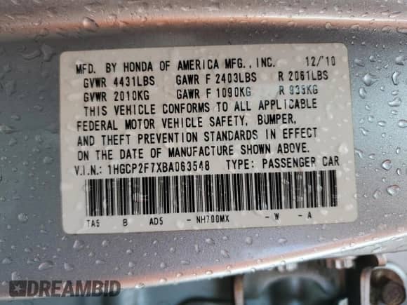 2011 Honda Accord EX with VIN 1HGCP2F7XBA063548, listed as a Copart auction lot 85502335 with 84,928 mi miles and Salvage title. Bid and sale history available at DreamBid. Image 12.