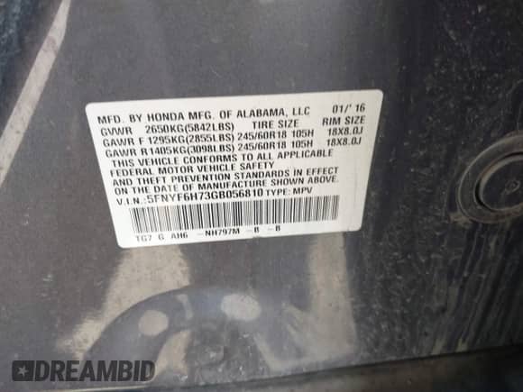 2016 Honda Pilot EX-L z VIN 5FNYF6H73GB056810, wystawiony jako IAAI lot #42658374 z przebiegiem 133 163 mil mil oraz . Historia ofert i sprzedaży dostępna na DreamBid. Obrazek 9.