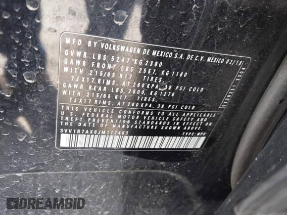 2018 Volkswagen Tiguan S с VIN 3VV1B7AX8JM112483, выставлен на аукционе IAAI как лот 42040825 с пробегом 94 268 миль миль и . История ставок и продаж доступна на DreamBid. Изображение 9.