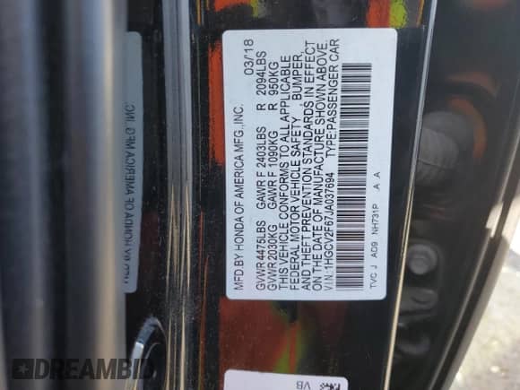 2018 Honda Accord EX-L with VIN 1HGCV2F67JA037694, listed as a Copart auction lot 44770135 with 106,710 mi miles and Salvage title. Bid and sale history available at DreamBid. Image 12.