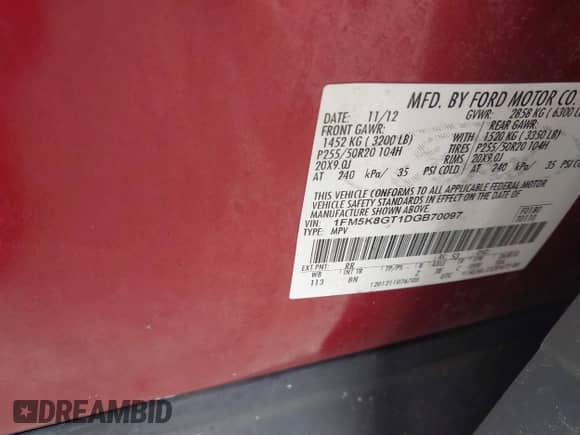 2013 Ford Explorer Sport с VIN 1FM5K8GT1DGB70097, выставлен на аукционе IAAI как лот 43481620 с пробегом 251 522 миль миль и . История ставок и продаж доступна на DreamBid. Изображение 9.