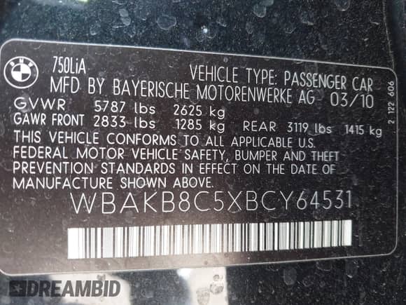 2011 BMW 7 Series 750Li with VIN WBAKB8C5XBCY64531, listed as a IAAI auction lot 42350009 with 113,893 mi miles and . Bid and sale history available at DreamBid. Image 9.