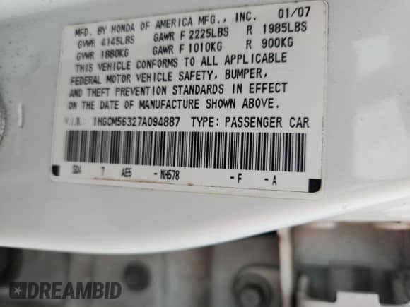 2007 Honda Accord LX SE z VIN 1HGCM56327A094887, wystawiony jako Copart lot #69434185 z przebiegiem 170 147 mil mil oraz Szkoda całkowita • Salvage title. Historia ofert i sprzedaży dostępna na DreamBid. Obrazek 12.