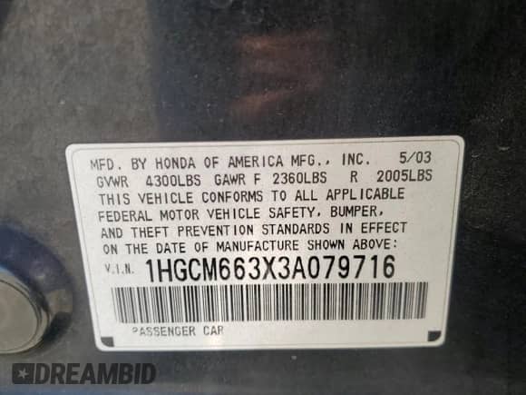 2003 Honda Accord LX с VIN 1HGCM663X3A079716, выставлен на аукционе Copart как лот 66736035 с пробегом 250 232 миль миль и Списание • Salvage title. История ставок и продаж доступна на DreamBid. Изображение 13.