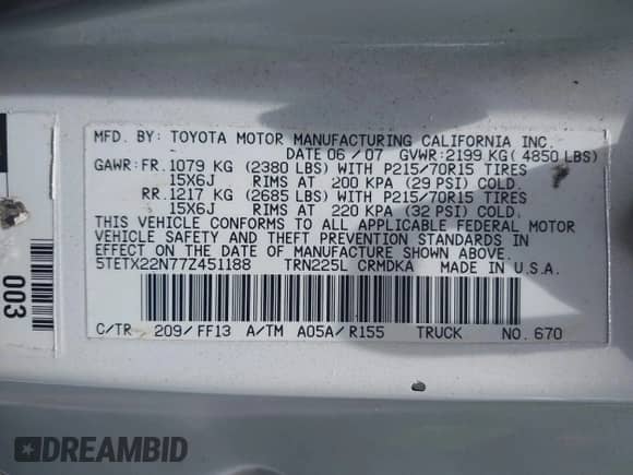 2007 Toyota Tacoma with VIN 5TETX22N77Z451188, listed as a IAAI auction lot 42934656 with 212,174 mi miles and . Bid and sale history available at DreamBid. Image 9.