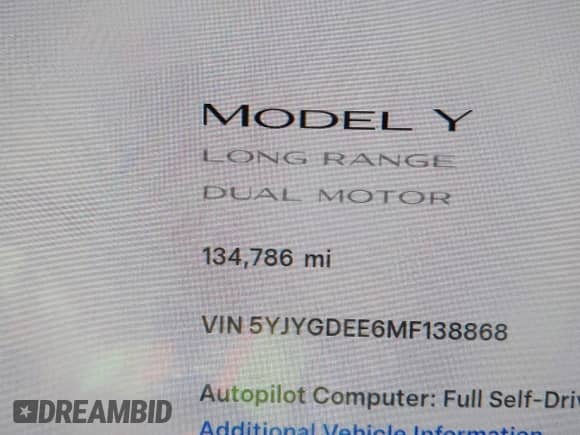 2021 Tesla Model Y Long Range with VIN 5YJYGDEE6MF138868, listed as a IAAI auction lot 43401839 with 134,786 mi miles and . Bid and sale history available at DreamBid. Image 16.