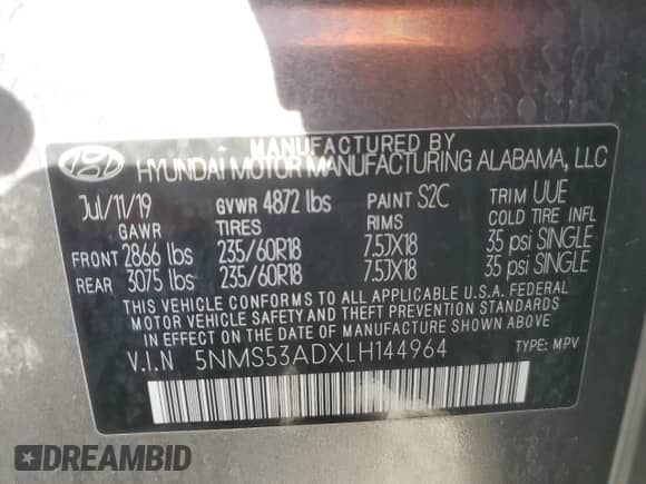 2020 Hyundai Santa Fe Limited z VIN 5NMS53ADXLH144964, wystawiony jako Copart lot #82449015 z przebiegiem 69 263 mil mil oraz Szkoda całkowita • Salvage title. Historia ofert i sprzedaży dostępna na DreamBid. Obrazek 13.