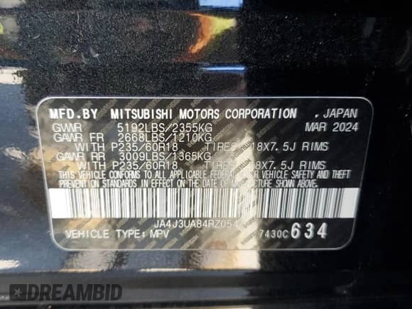 2024 Mitsubishi Outlander ES with VIN JA4J3UA84RZ054718, listed as a Copart auction lot 50700805 with 24,939 mi miles and Salvage title. Bid and sale history available at DreamBid. Image 13.
