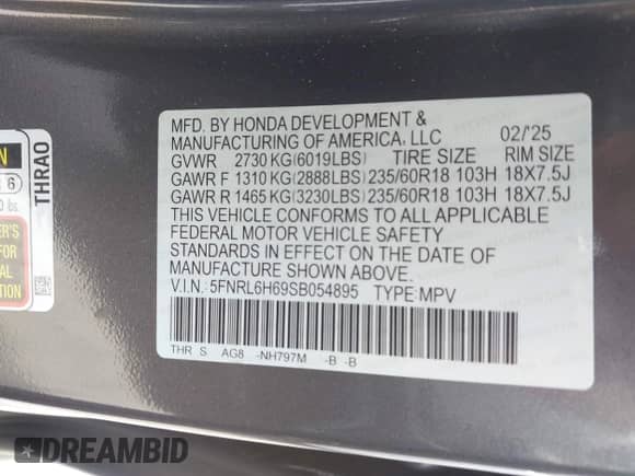 2025 Honda Odyssey EX-L с VIN 5FNRL6H69SB054895, выставлен на аукционе IAAI как лот 42776077 с пробегом 6 583 миль миль и . История ставок и продаж доступна на DreamBid. Изображение 9.