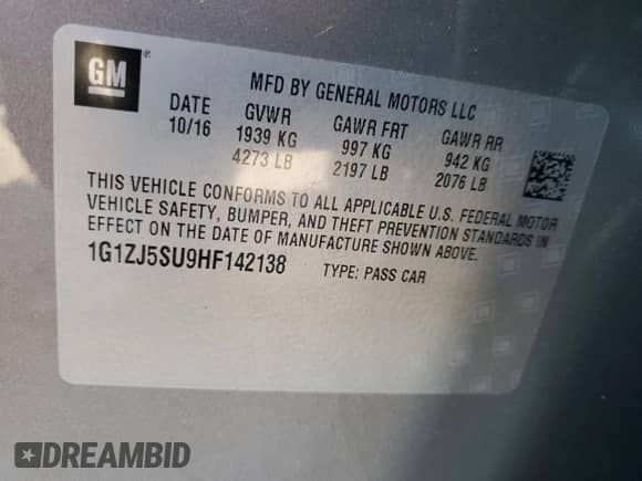 2017 Chevrolet Malibu Hybrid с VIN 1G1ZJ5SU9HF142138, выставлен на аукционе Copart как лот 85829275 с пробегом 87 087 миль миль и Списание • Salvage title. История ставок и продаж доступна на DreamBid. Изображение 12.