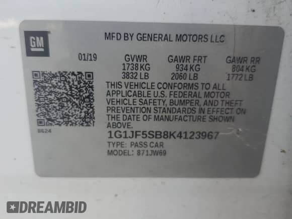 2019 Chevrolet Sonic Premier с VIN 1G1JF5SB8K4123967, выставлен на аукционе Copart как лот 71993785 с пробегом 47 470 миль миль и Списание • Salvage title. История ставок и продаж доступна на DreamBid. Изображение 12.