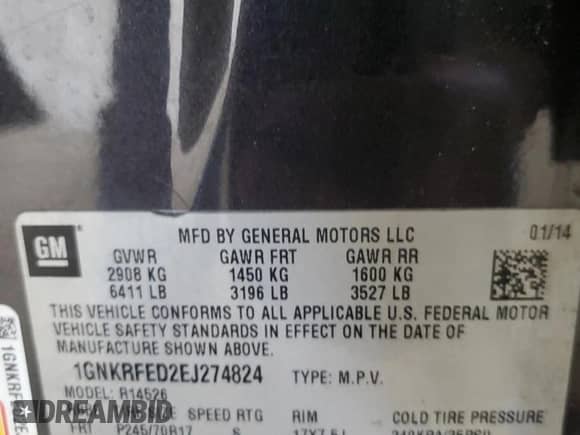 2014 Chevrolet Traverse LS with VIN 1GNKRFED2EJ274824, listed as a Copart auction lot 86553125 with 143,769 mi miles and Salvage title. Bid and sale history available at DreamBid. Image 13.