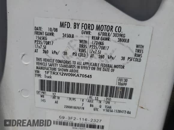 2009 Ford F-150 STX with VIN 1FTRX12W09KA70545, listed as a Copart auction lot 67214725 with Not provided miles and Salvage title. Bid and sale history available at DreamBid. Image 12.