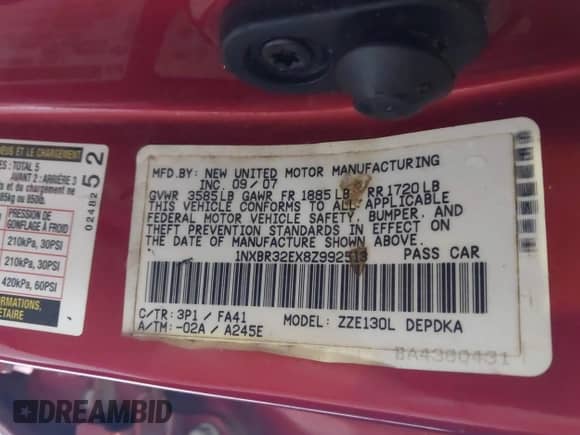 2008 Toyota Corolla CE with VIN 1NXBR32EX8Z992513, listed as a IAAI auction lot 43389982 with 122,369 mi miles and . Bid and sale history available at DreamBid. Image 9.